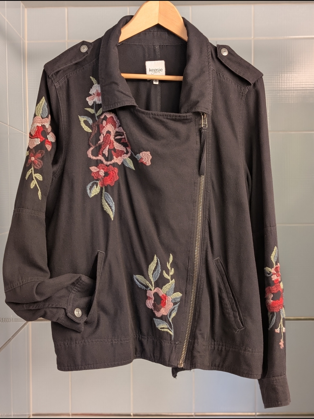 Black Cotton Denim Embroidered Floral Moto Jacket